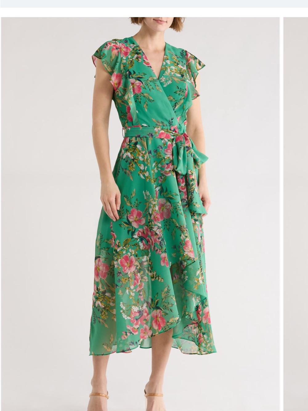 Eliza J Green Floral Wrap Midi Dress with Pink Accents